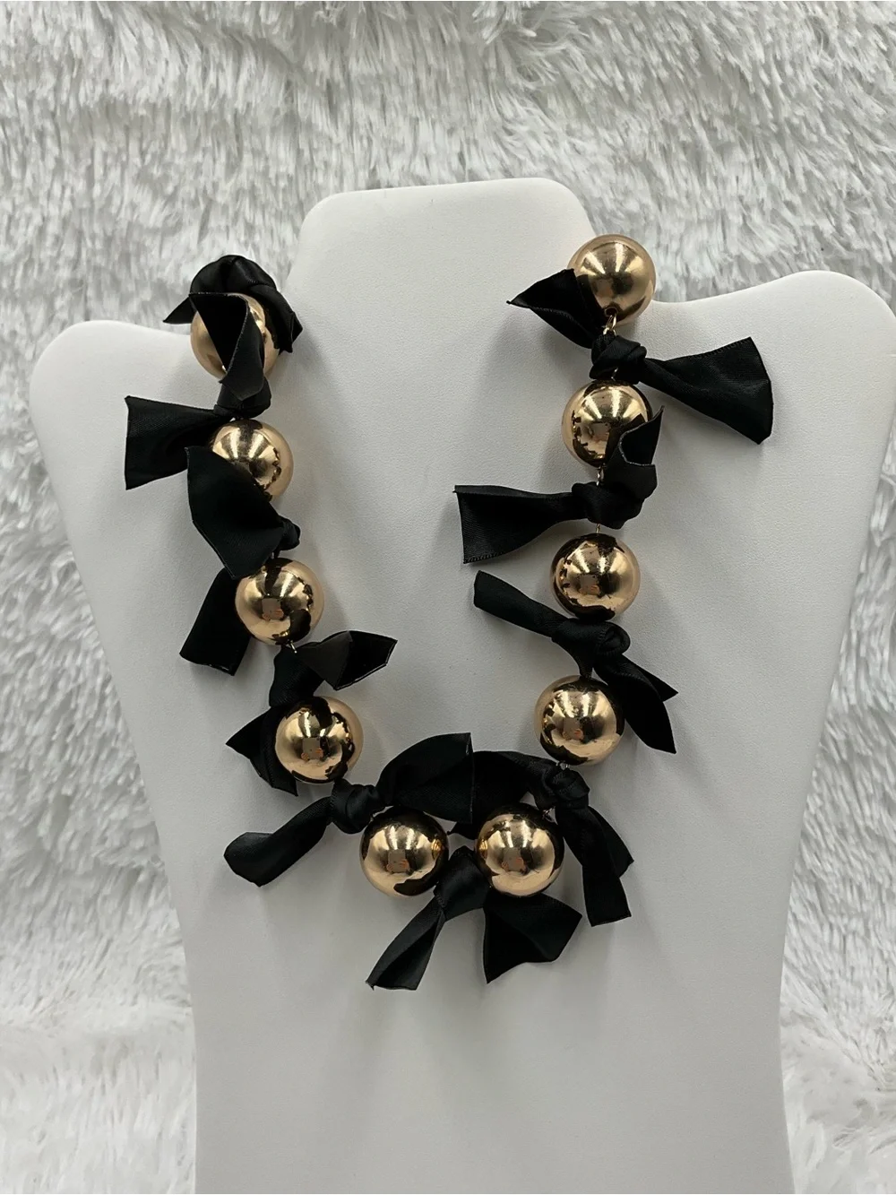 Garden Party Necklace Gold Tone Bead with Black Ribbon Accents NWT